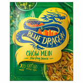 A packet of Blue Dragon Chow Mein Stir Fry Sauce (120g) features the blue dragon logo, food images, and labels indicating it is mild, serves two, and suitable for vegans.